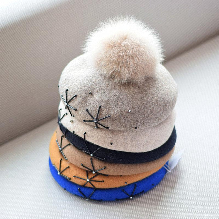 Women's Fox Fur Ball Elegant Retro Woolen Hat - Mamofa Global Store