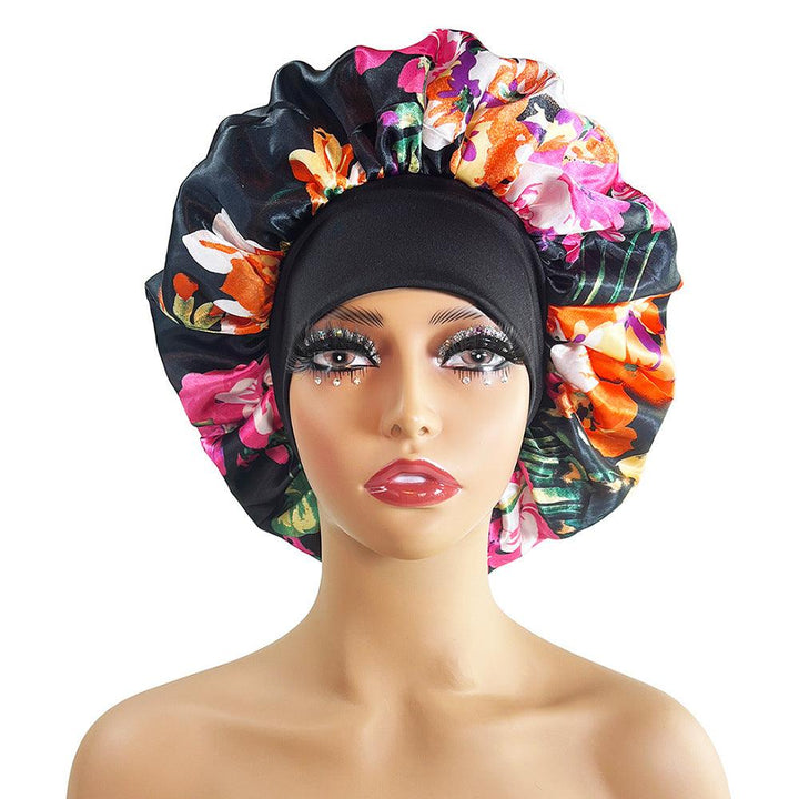 Wide-brimmed Satin Nightcap Printed Round Cap Cross-border New Arrival Printed Home Hat Soft Shower Cap Plus-sized - Mamofa Global Store