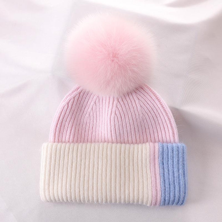 Rabbit Fur Autumn Winter Korean Cute Real Fox Fur Ball Thick Warm Plush Knitted Hat - Mamofa Global Store