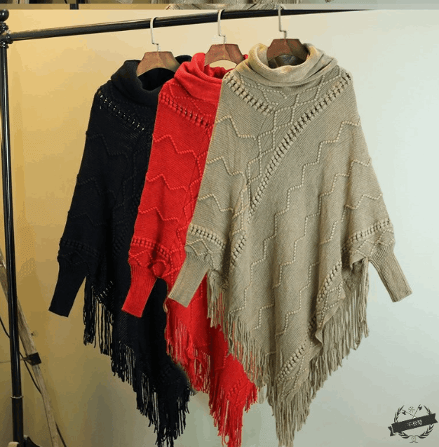 Autumn And Winter New Tassel Knitwear Shawl High Collar Warm Batwing Sleeve Pullover - Mamofa Global Store