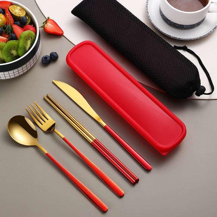 304 Dinnerware Set Flatware Kitchen Accessories Camping Travel Sets Gold Knife Fork Spoon Portable Cutlery Sets With Case - Mamofa Global Store