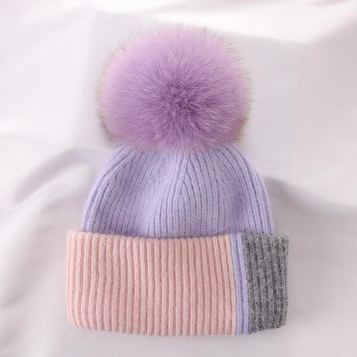 Rabbit Fur Autumn Winter Korean Cute Real Fox Fur Ball Thick Warm Plush Knitted Hat - Mamofa Global Store