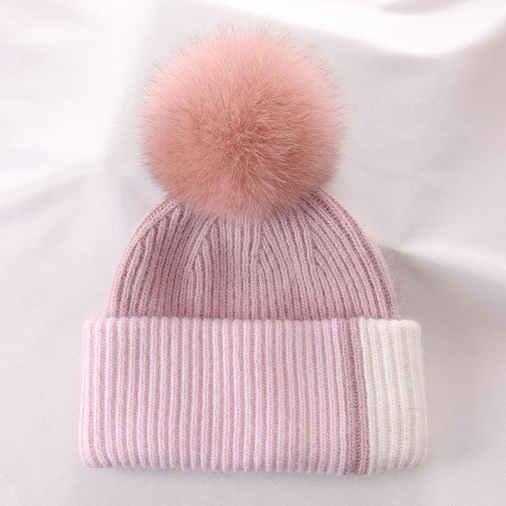 Rabbit Fur Autumn Winter Korean Cute Real Fox Fur Ball Thick Warm Plush Knitted Hat - Mamofa Global Store