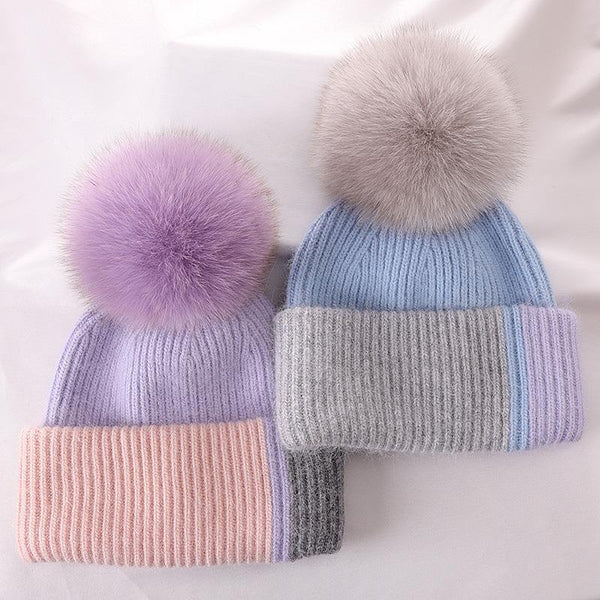 Rabbit Fur Autumn Winter Korean Cute Real Fox Fur Ball Thick Warm Plush Knitted Hat - Mamofa Global Store