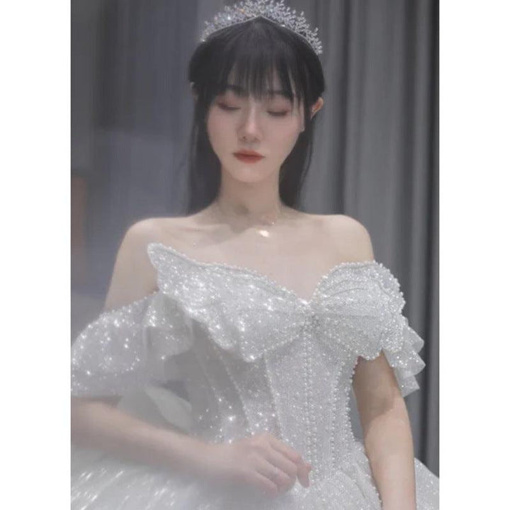 One-shoulder High-quality Long Trailing Heavy Industry Retro Wedding Dress - Mamofa Global Store