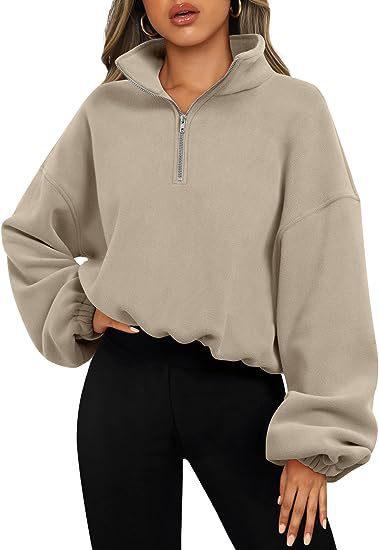 Women's Half Zipped Stand Collar Drawstring At Hem Polar Fleece Autumn Winter Sweater - Mamofa Global Store