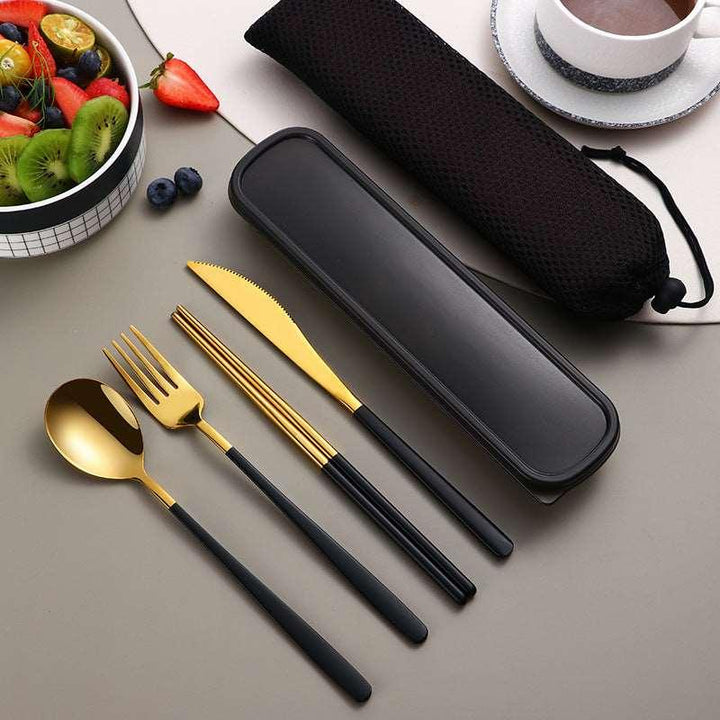 304 Dinnerware Set Flatware Kitchen Accessories Camping Travel Sets Gold Knife Fork Spoon Portable Cutlery Sets With Case - Mamofa Global Store