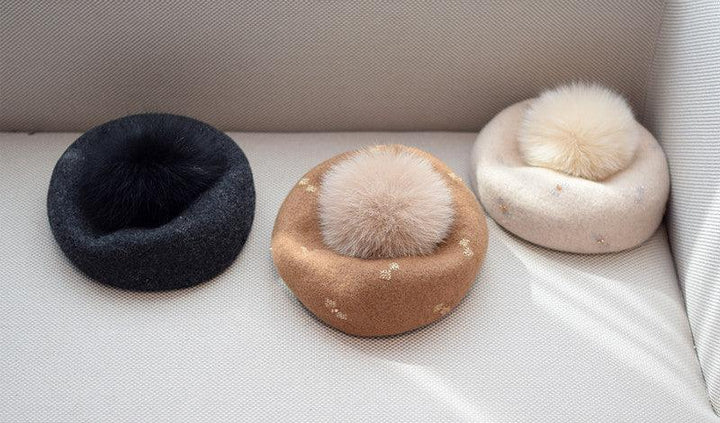 Women's Autumn And Winter Fox Fur Ball Vintage Wool Hat - Mamofa Global Store