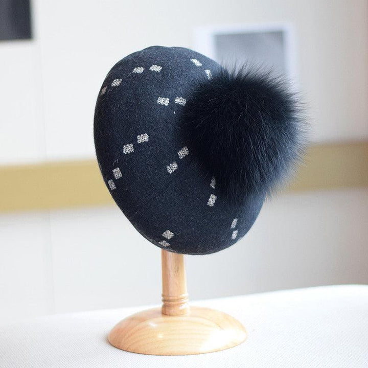 Elegant Woolen Gilding Beret Women's Korean Style Fox Fur Ball Vintage Painter Hat - Mamofa Global Store