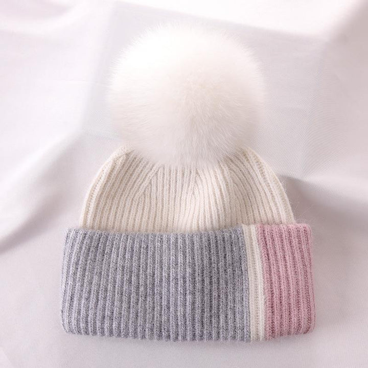 Rabbit Fur Autumn Winter Korean Cute Real Fox Fur Ball Thick Warm Plush Knitted Hat - Mamofa Global Store