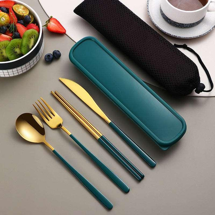 304 Dinnerware Set Flatware Kitchen Accessories Camping Travel Sets Gold Knife Fork Spoon Portable Cutlery Sets With Case - Mamofa Global Store