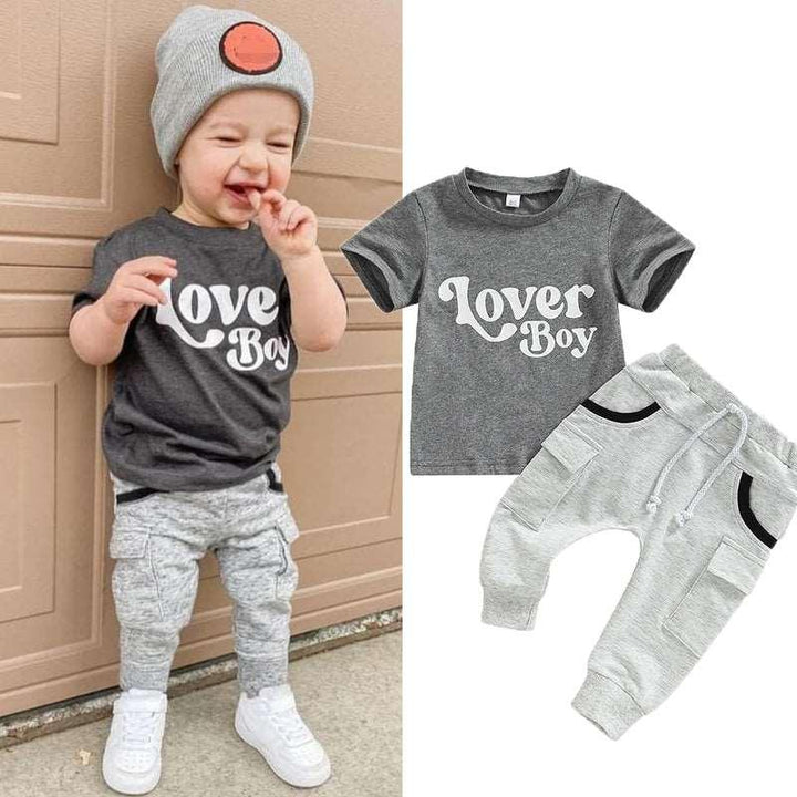 Baby Boy Short Sleeve Monogram Print T-shirt Gray Summer Clothing Set - Mamofa Global Store