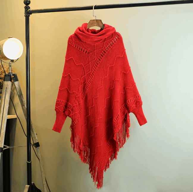 Autumn And Winter New Tassel Knitwear Shawl High Collar Warm Batwing Sleeve Pullover - Mamofa Global Store