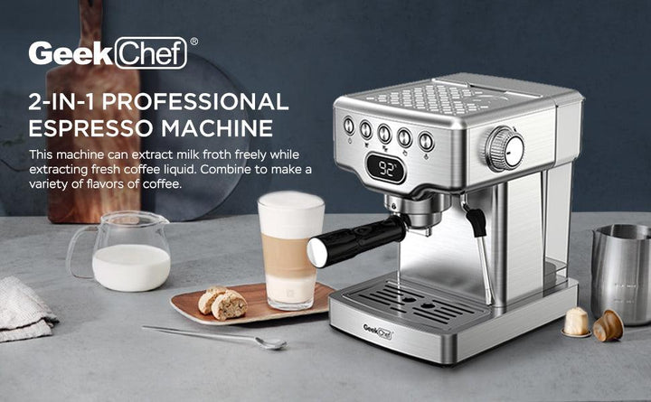 Geek Chef Espresso Machine, 20 Bar Espresso Machine With Milk Frother For Latte, Cappuccino, Macchiato, For Home Espresso Maker, 1.8L Water Tank, Stainless Steel, Ban On Amazon - Mamofa Global Store