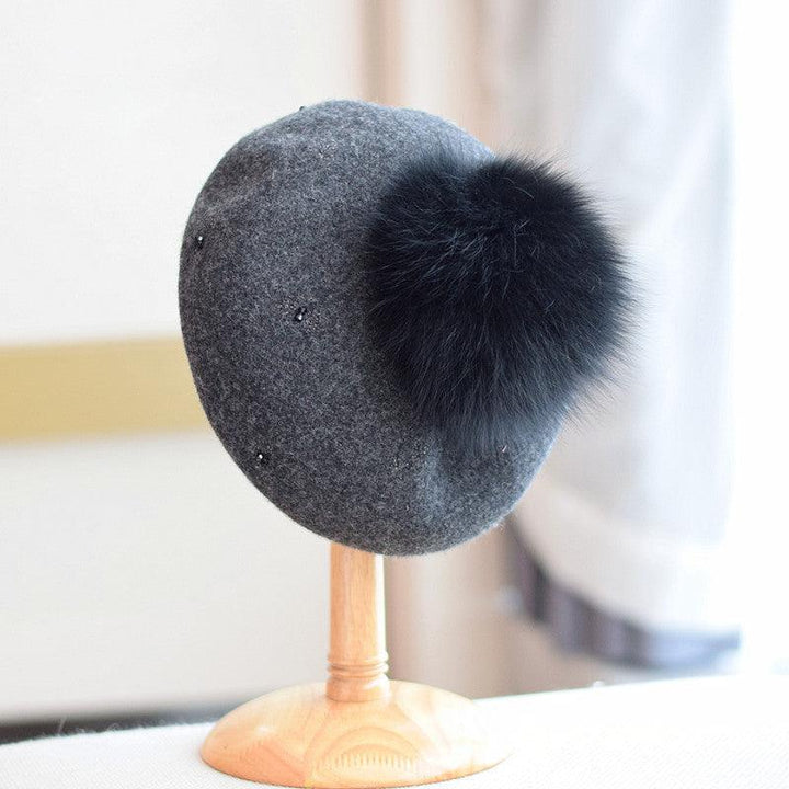 Women's Autumn And Winter Fox Fur Ball Vintage Wool Hat - Mamofa Global Store