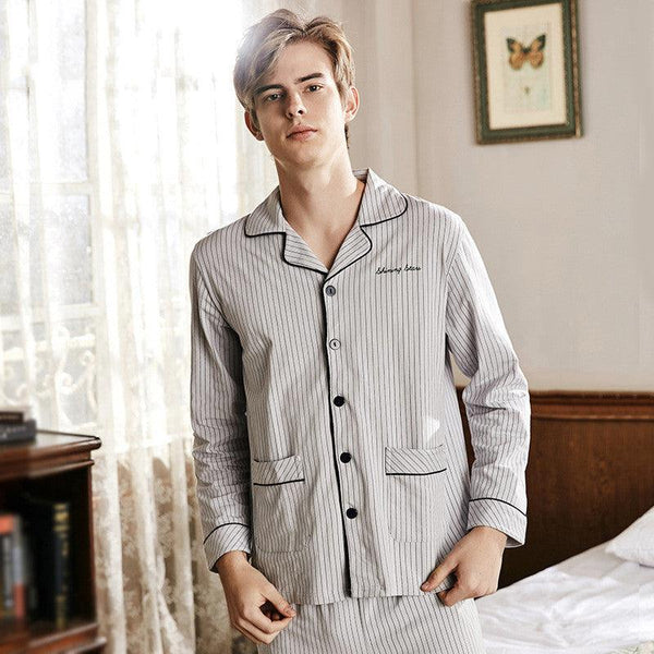 Men's Vertical Stripe Cotton Large Size Lapel Cardigan Long Sleeve Pajamas - Mamofa Global Store