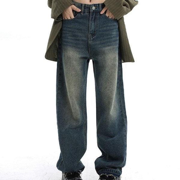 Waisted Straight Tube Retro Jeans With Loose Fitting Wide Leg High Street Mop Pants - Mamofa Global Store