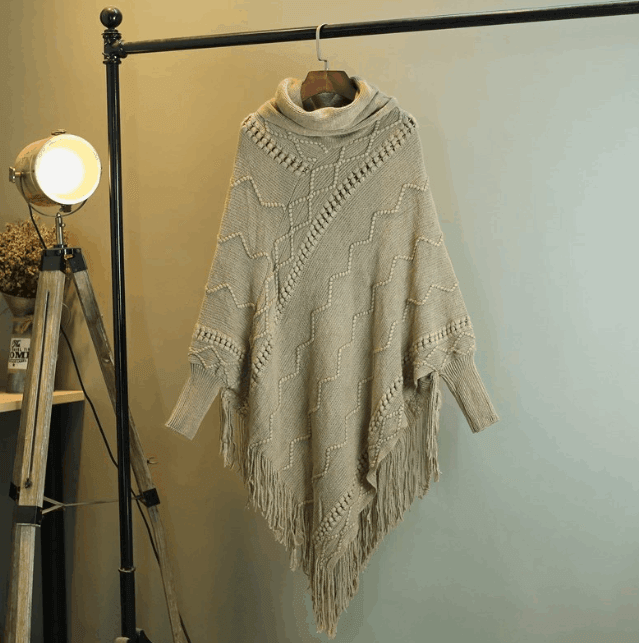 Autumn And Winter New Tassel Knitwear Shawl High Collar Warm Batwing Sleeve Pullover - Mamofa Global Store