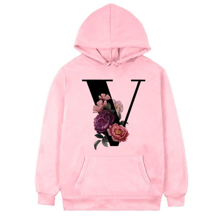 Women's 26-letter Flowers Printed Fleece Hoodie - Mamofa Global Store