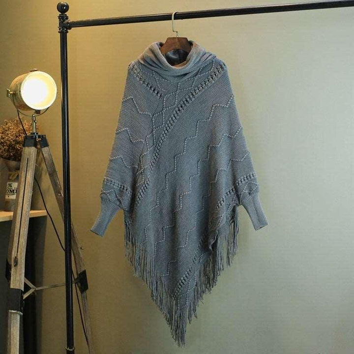 Autumn And Winter New Tassel Knitwear Shawl High Collar Warm Batwing Sleeve Pullover - Mamofa Global Store