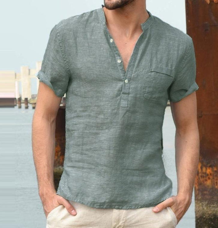 Casual Linen Solid Color Shirt Button - Mamofa Global Store