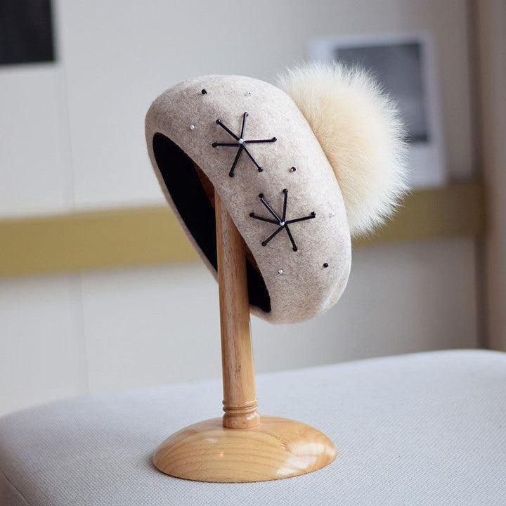 Women's Fox Fur Ball Elegant Retro Woolen Hat - Mamofa Global Store