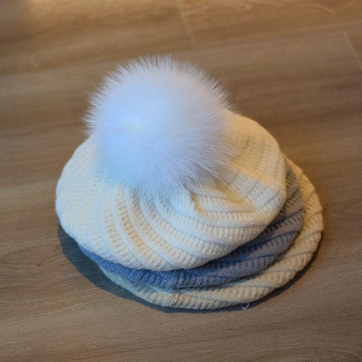 Fox Fur Ball Knitted Beret - Mamofa Global Store