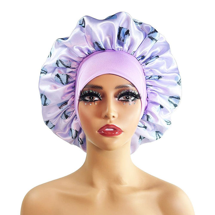 Wide-brimmed Satin Nightcap Printed Round Cap Cross-border New Arrival Printed Home Hat Soft Shower Cap Plus-sized - Mamofa Global Store