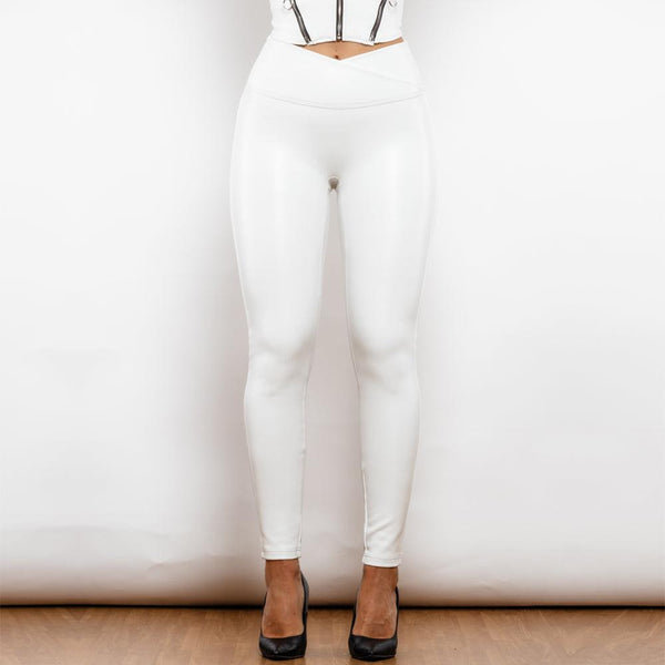 Shascullfites Melody X Cross Solid White High Waist Leather V Shape Leggings Leather Pants X Cross Pants Leather Leggings - Mamofa Global Store